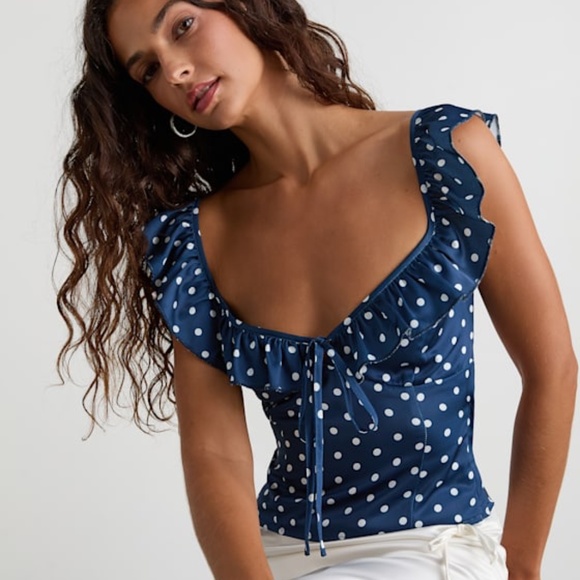 Lulus Vivi Navy Blue Polka Dot Satin Ruffled Tie-back Top - Size S - Picture 1 of 1